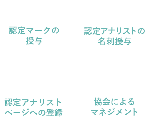 認定マークの授与 認定アナリストの名刺授与 認定アナリストページへの登録 協会によるマネジメント